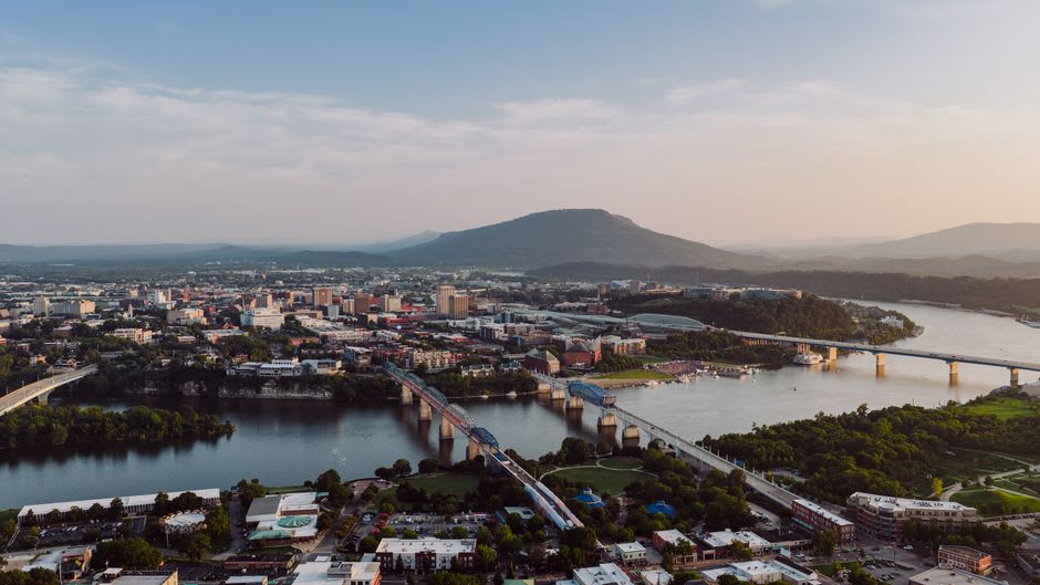 The steep Incline Railway funicular climbing Lookout Mountain above Chattanooga