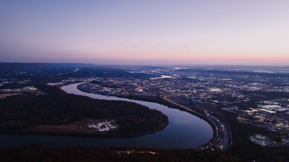 A narrow passage between towering rock formations at Rock City on Lookout Mountain near Chattanooga