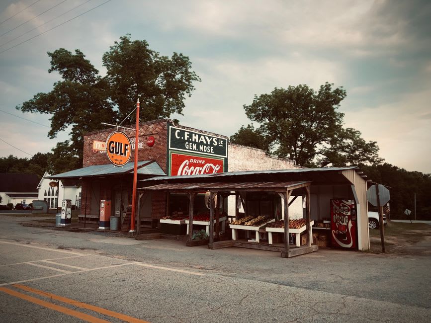 The weathered exterior of the historic Brown and Hopkins Country Store in Chepachet, Rhode Island