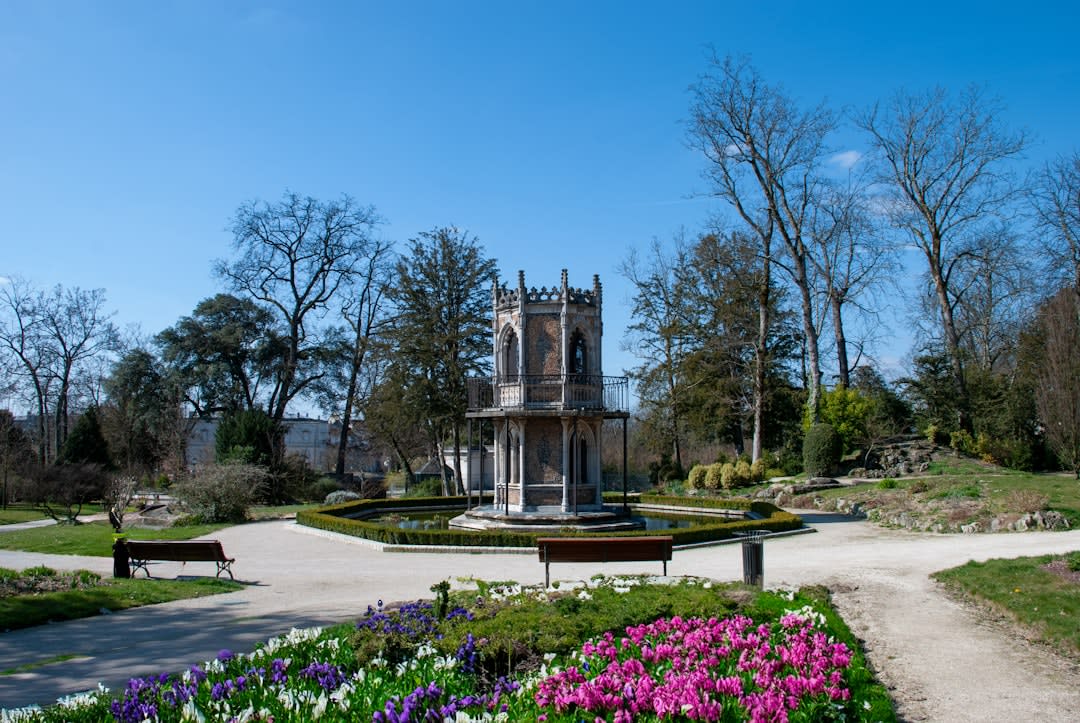 The Carroll Chimes bell tower and Goose Girl fountain in MainStrasse Village, Covington, Kentucky