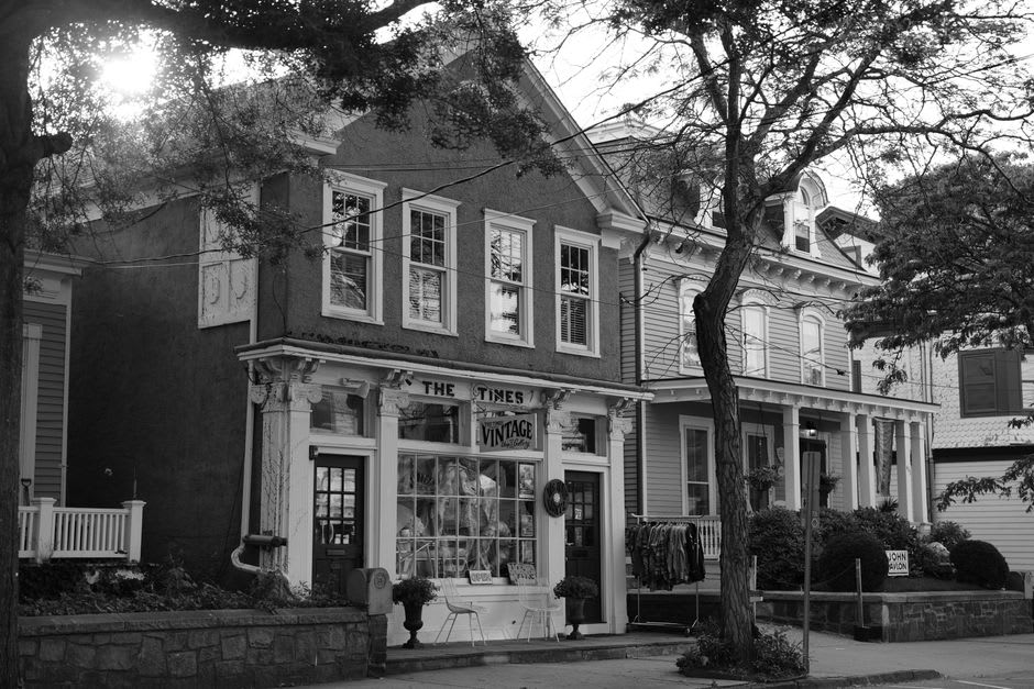Antique shops and shaded porches along historic Columbia Street in Covington, Louisiana