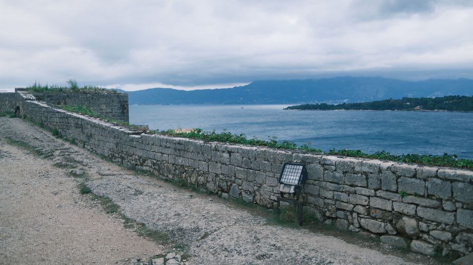The granite walls of Fort Delaware rising above the marsh on Pea Patch Island near Delaware City