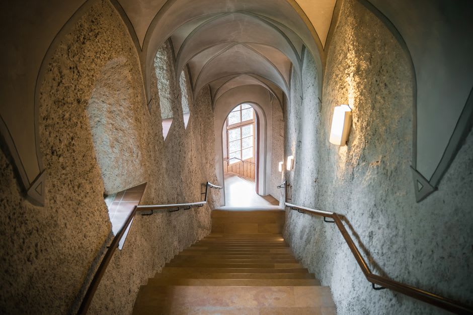The elaborately tiled interior staircase and vaulted ceilings inside Fonthill Castle in Doylestown, Pennsylvania