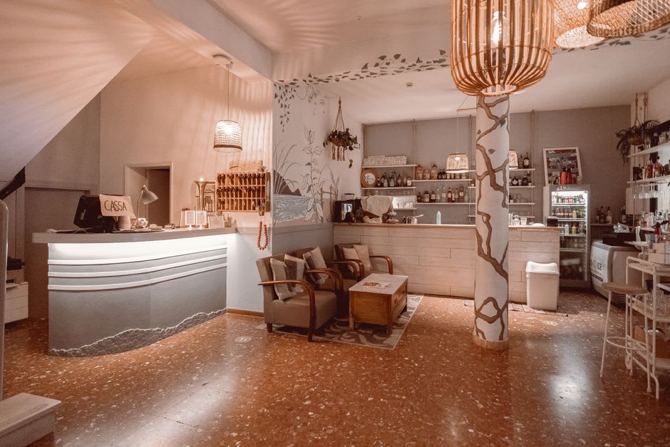 The Art Deco interior and mineral water bar taps inside the Hall of Waters in Excelsior Springs, Missouri