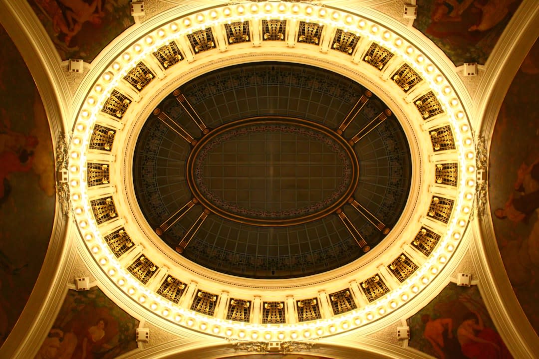 The marble rotunda and dome interior of the Kentucky State Capitol in Frankfort