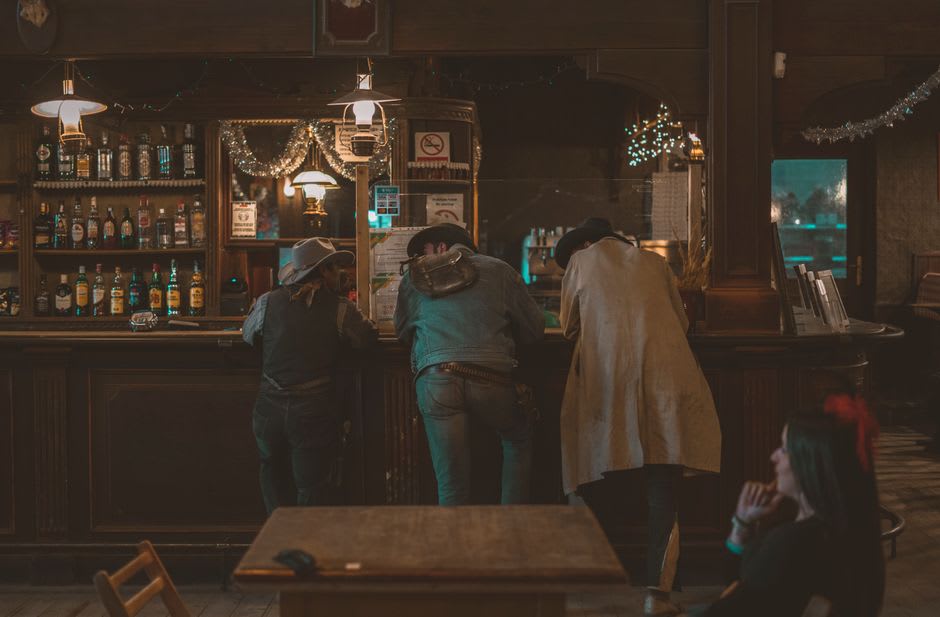 The hand-carved wooden back bar inside the historic Genoa Bar and Saloon in Nevada