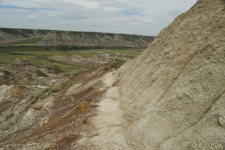 A hiking trail winding up the badlands formations of Scotts Bluff National Monument near Gering, Nebraska