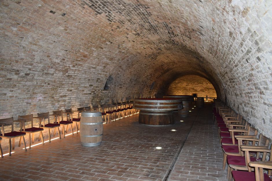 The vaulted stone wine cellars, once used to grow mushrooms during Prohibition, at Stone Hill Winery in Hermann, Missouri