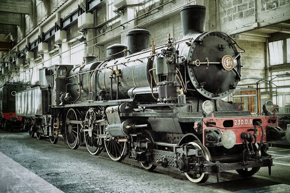 A full-size replica of the Stourbridge Lion steam locomotive on display in Honesdale, Pennsylvania