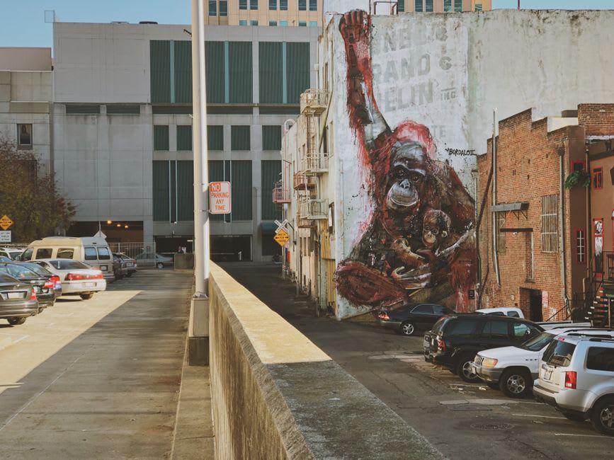 Mural-covered alley in downtown Jonesboro, Arkansas featuring Delta blues and cotton field imagery