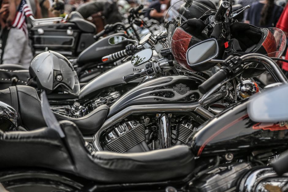Rows of motorcycles parked along Main Street in downtown Laconia, New Hampshire during Bike Week