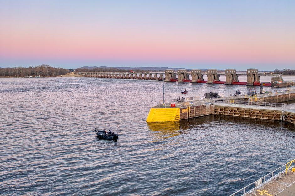 Boats moving through Lock and Dam 14 on the Mississippi River near Le Claire, Iowa