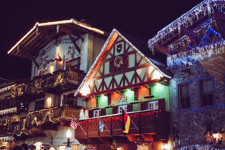 The half-timbered facades and hand-painted alpine murals of Front Street in Leavenworth, flower boxes spilling with geraniums