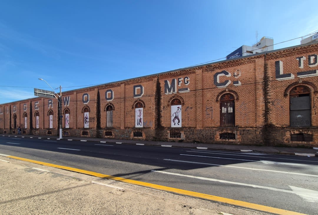 The brick facade of the historic B&O Railroad shops in Martinsburg, West Virginia