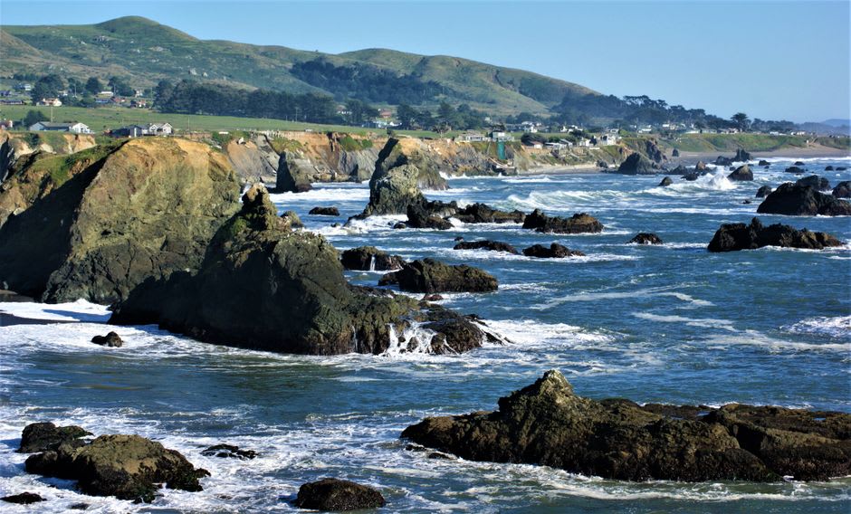 The fern-lined canyon trail and small waterfall at Russian Gulch State Park near Mendocino