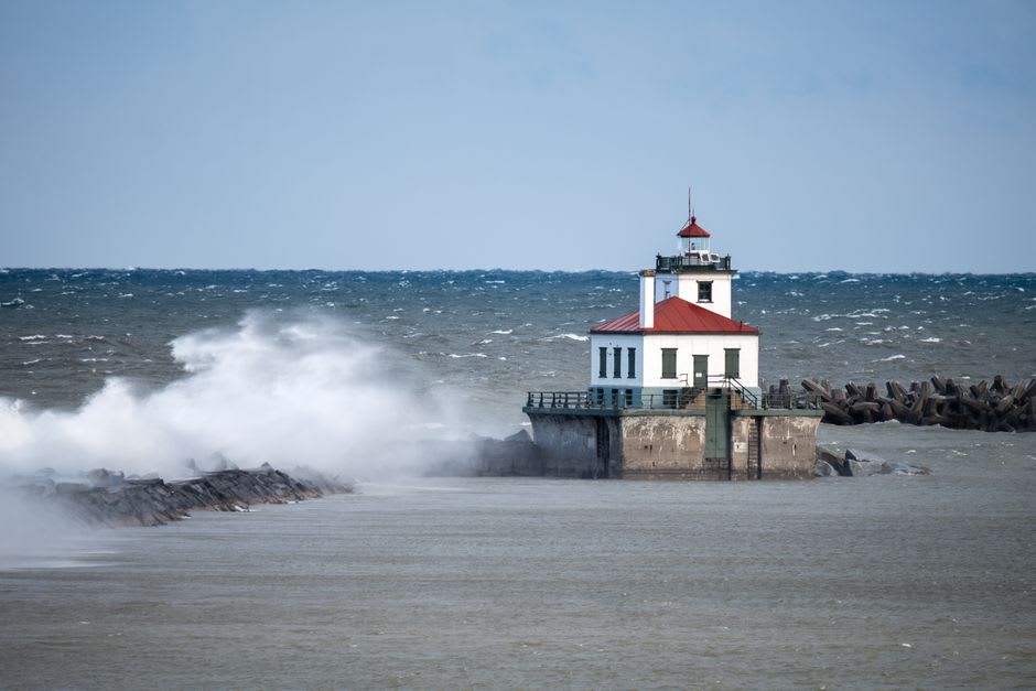 The breakwater and pier leading out to the lighthouse at Washington Park in Michigan City, Indiana