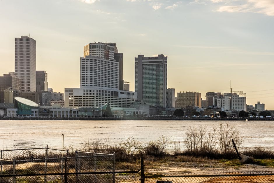 The levee walkway along Front Street overlooking the Atchafalaya River in Morgan City, Louisiana