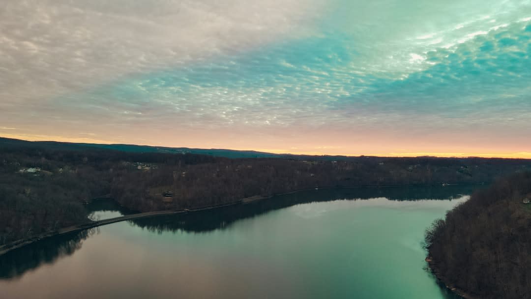 Kayaks on the calm water of Cheat Lake near Morgantown, West Virginia