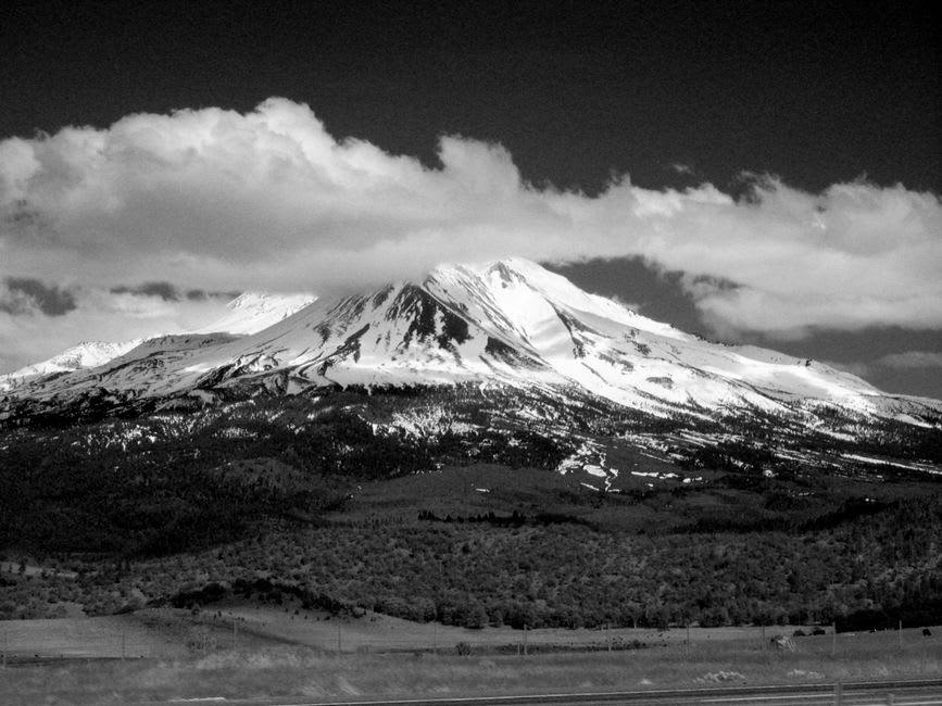 Hikers on a trail at Bunny Flat with the rocky ice-streaked upper slopes of Mount Shasta rising steeply above