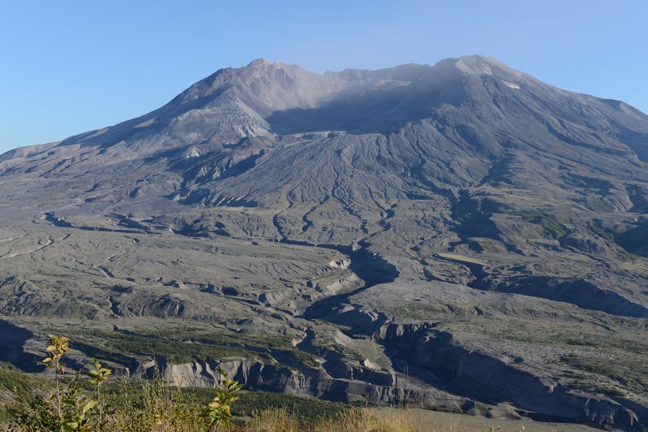 The grey pumice slopes and toppled bleached tree trunks of the Mount St Helens blast zone below the crater