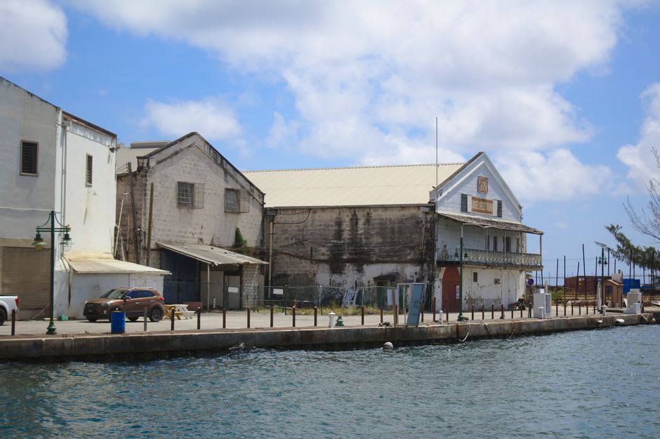 Granite waterfront buildings and old whaling-era warehouses in downtown New London, Connecticut