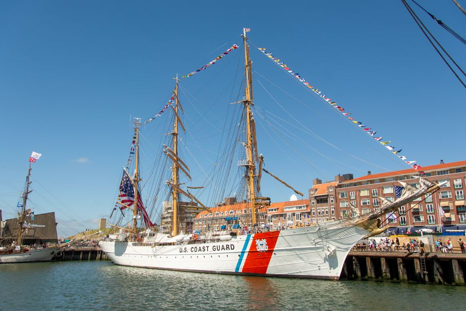 Cadets and the training ship Eagle at the U.S. Coast Guard Academy in New London, Connecticut