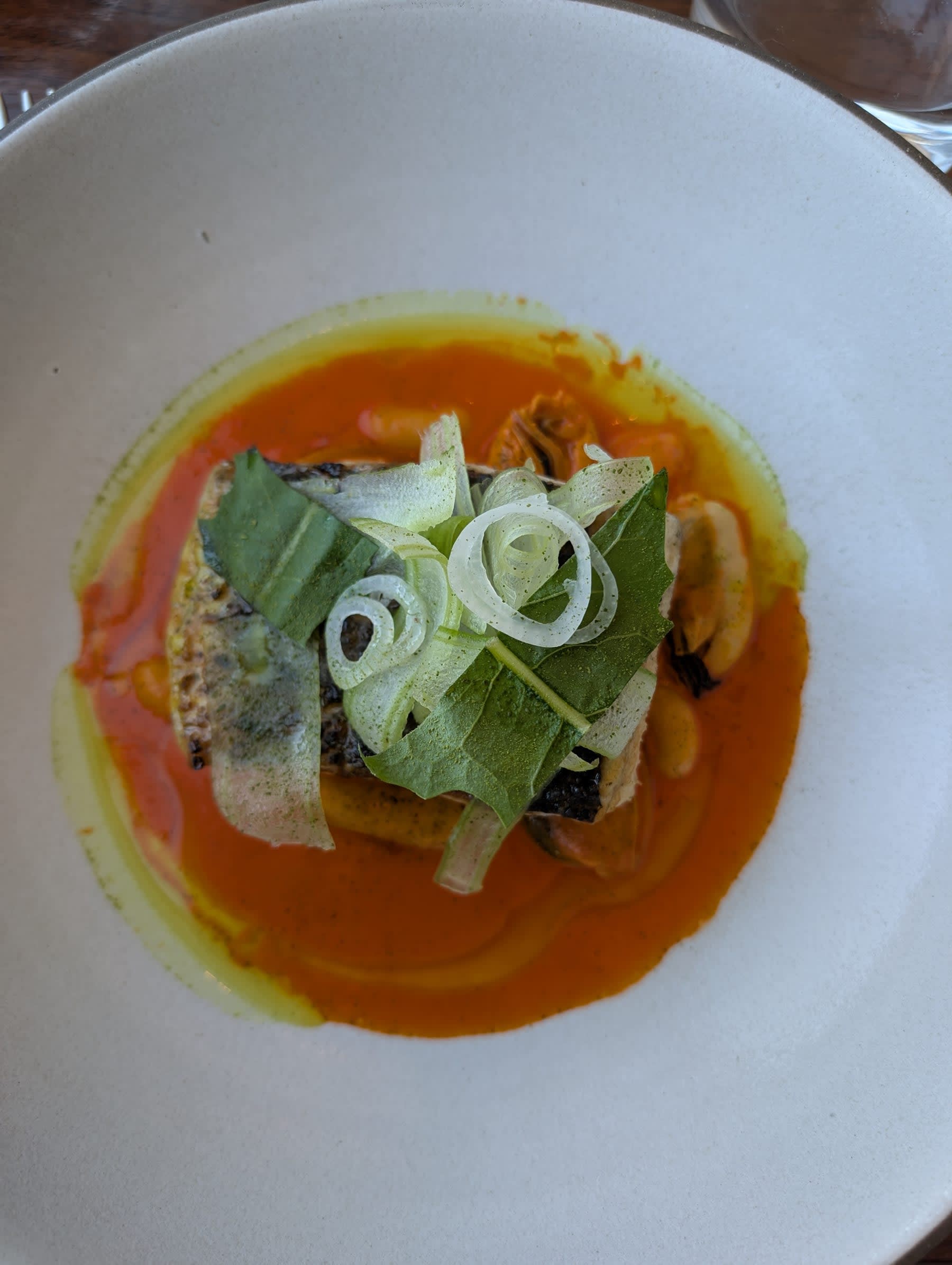 A piece of black bass served in a deep bowl — seared skin-side up in a rich tomato-saffron broth, topped with fresh herbs and shaved fennel, the whole arrangement precise and unfussy on a white ceramic plate