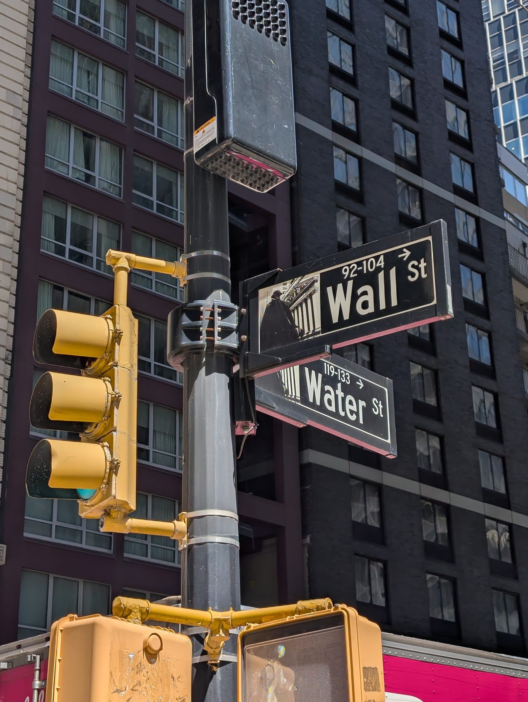 The Wall Street and Water Street intersection sign — the iconic black-and-white street signs stacked on a pole, yellow traffic signals beside them, a black glass tower behind