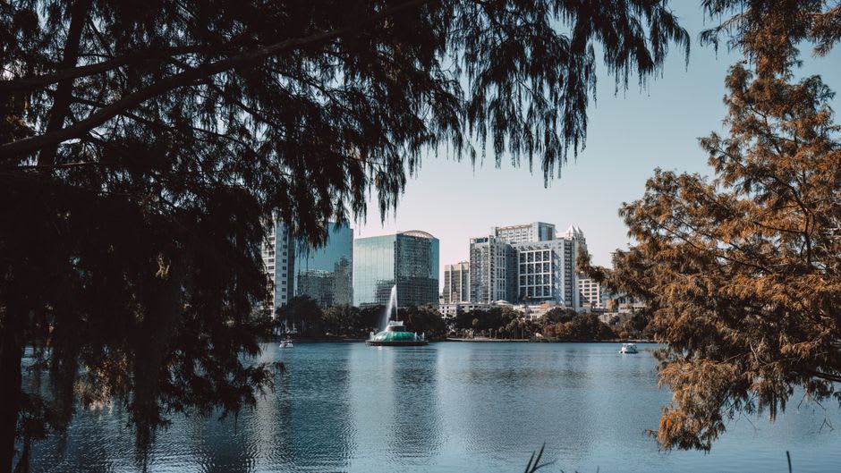 Swan pedal boats and the fountain on Lake Eola in downtown Orlando at sunrise