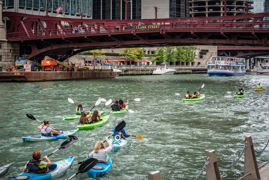 Paddlers launching kayaks on the Illinois River near downtown Ottawa, Illinois