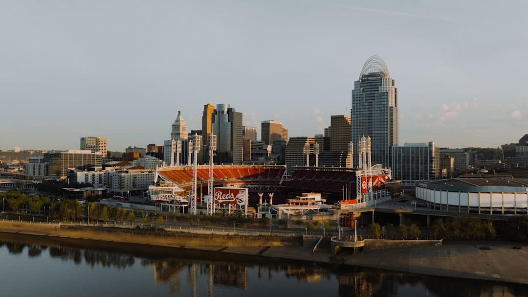 The riverfront promenade along the Ohio River with a bluegrass band performing outdoors in Owensboro, Kentucky