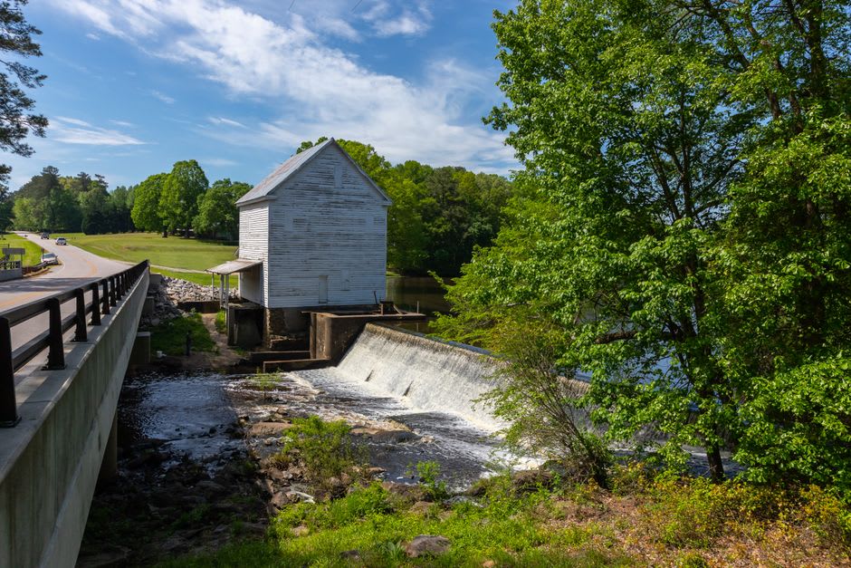 Water tumbling over the old mill dam on the Nubanusit River behind Depot Square in Peterborough, New Hampshire