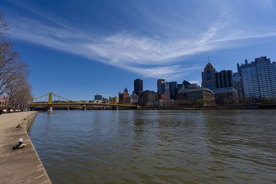 The gothic Cathedral of Learning tower rising above the Oakland district of Pittsburgh