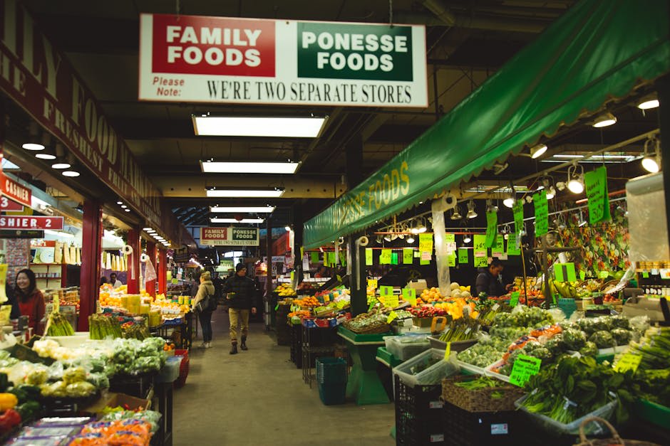A vibrant food market scene with diverse dishes and colorful stalls