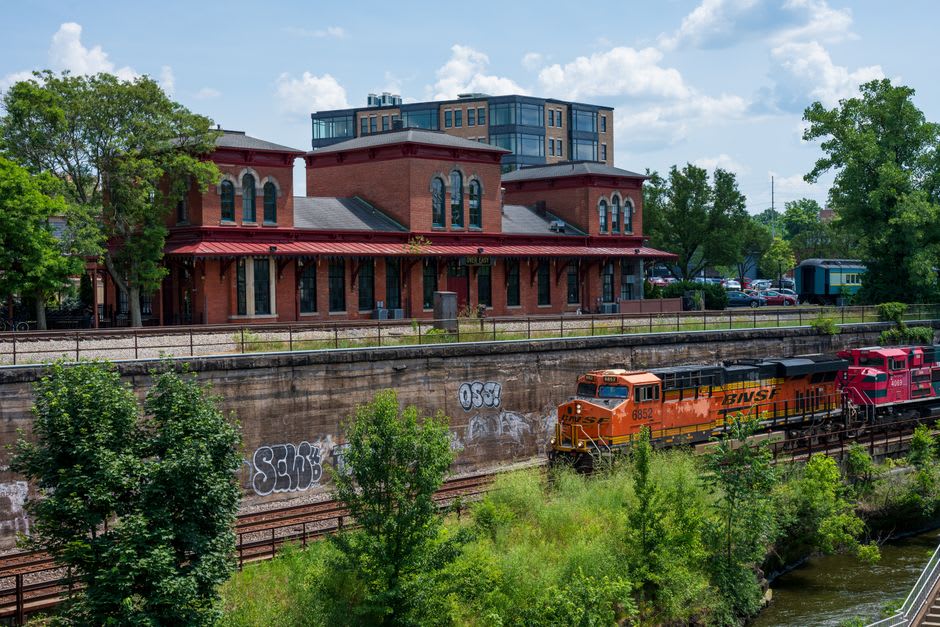 The historic Frisco depot and brick storefronts of downtown Rogers, Arkansas