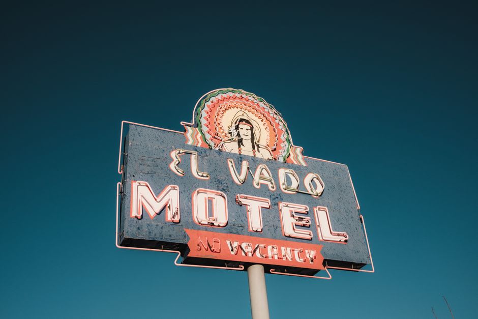 A vintage motor court sign on old Route 66 in downtown Rolla, Missouri