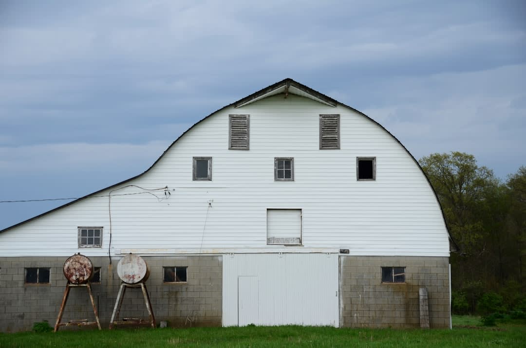 Weathered pioneer-era buildings at the Geographical Center Pioneer Village near Rugby, North Dakota