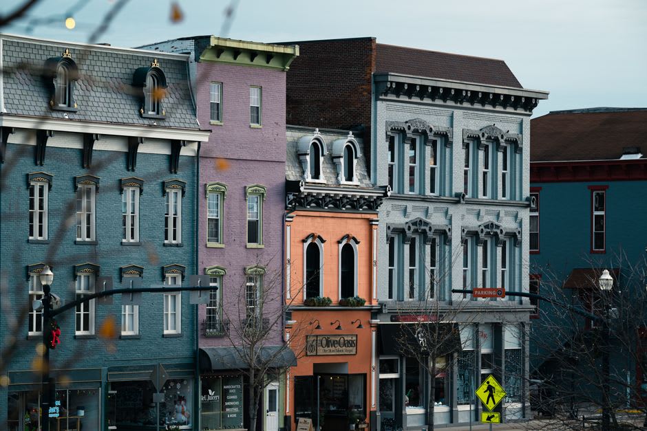 Merchants Row storefronts in downtown Rutland, Vermont at golden hour