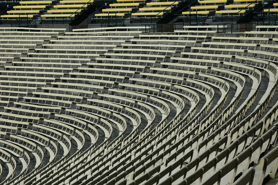 Empty grandstands at the Missouri State Fairgrounds on the edge of Sedalia, Missouri