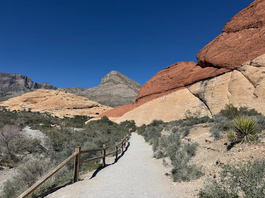 A desert hiking trail winding through red rock formations under a vast sky
