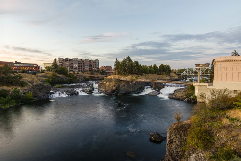 The SkyRide gondola passing over the churning Spokane Falls in Riverfront Park