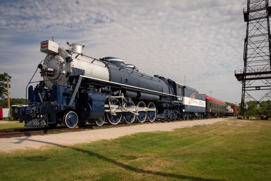 Massive vintage steam locomotives on display inside the Railroad Museum of Pennsylvania in Strasburg