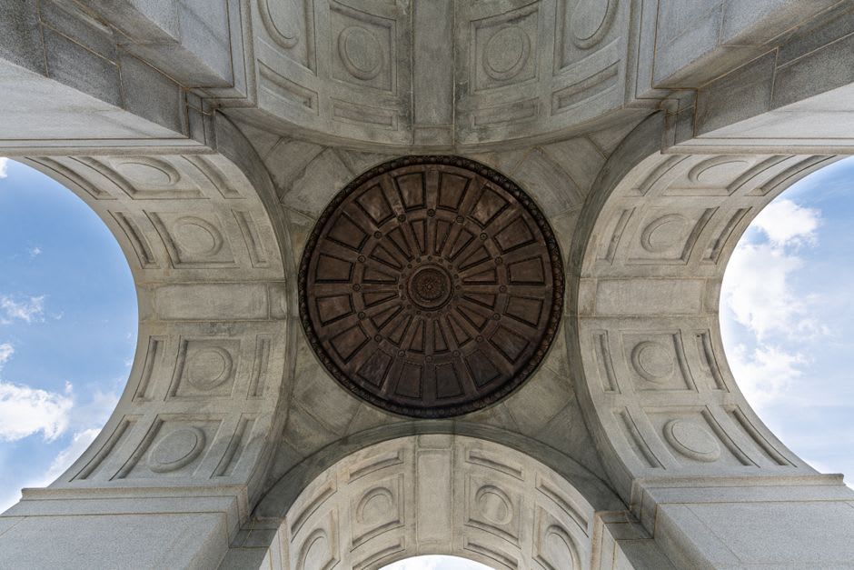 Sunset light on the granite columns of the George Rogers Clark Memorial in Vincennes, Indiana