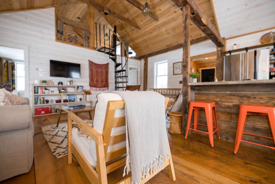 The interior of the historic round barn near Waitsfield, Vermont with its spiral wooden beams