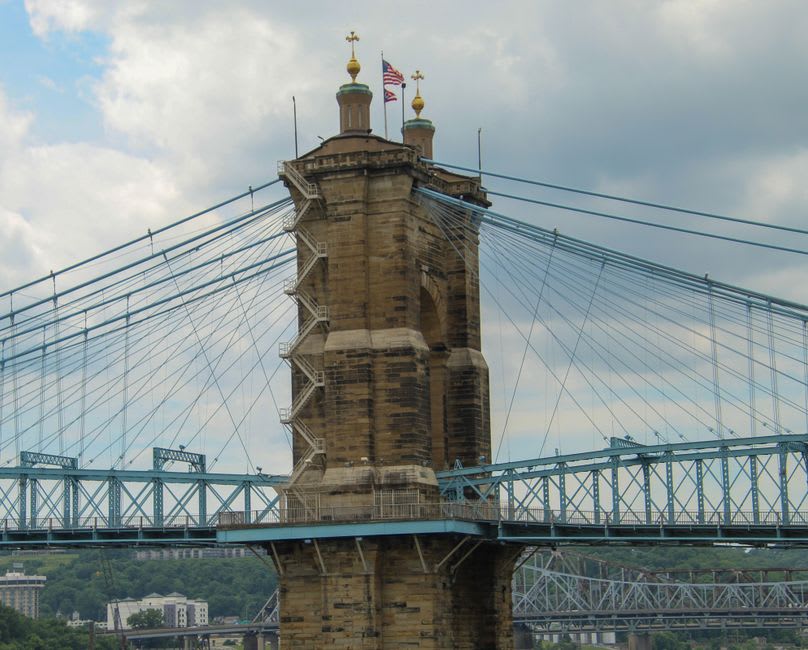 The Wheeling Suspension Bridge crossing the Ohio River toward Wheeling Island, West Virginia