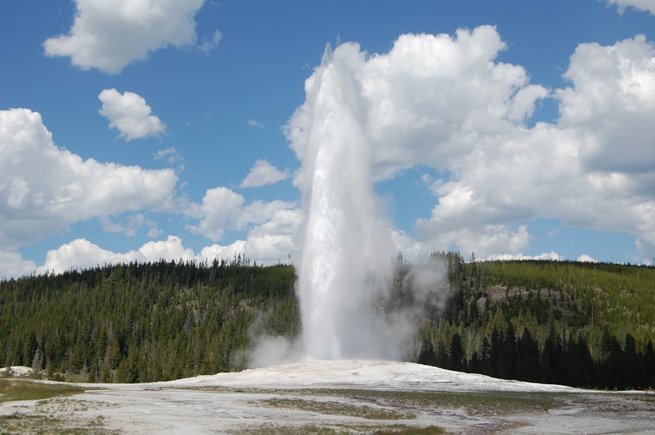 Old Faithful geyser erupting against a clear blue sky