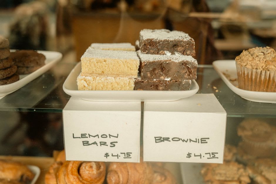 A glass bakery case filled with kolaches and pastries in downtown York, Nebraska