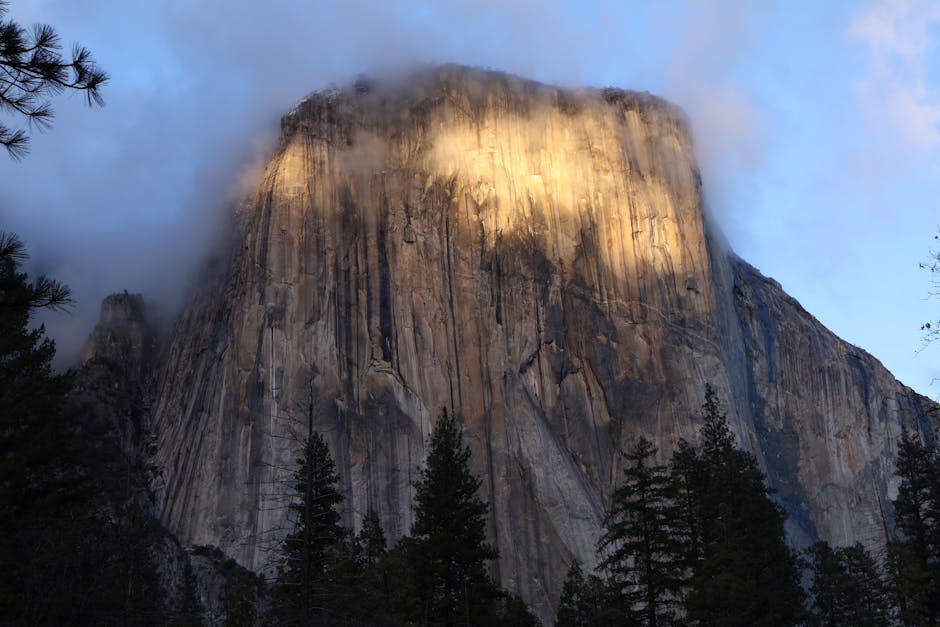 The massive granite face of El Capitan catching golden light in Yosemite Valley