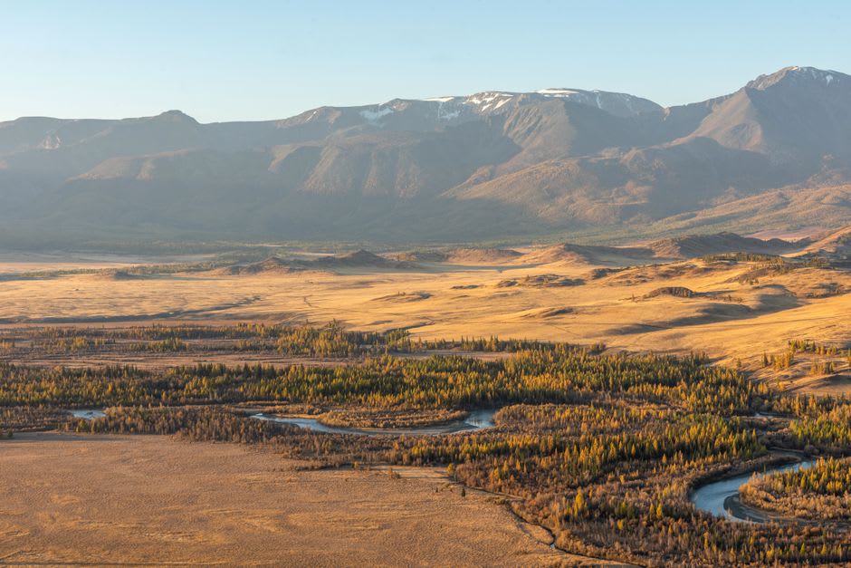 Steppe landscape surrounding the Arkaim archaeological reserve at golden hour