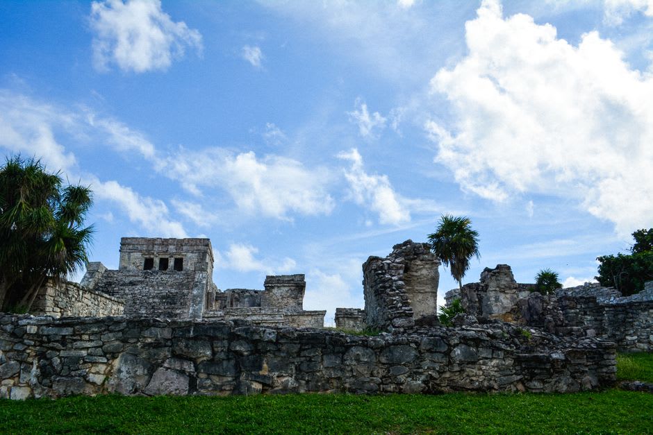 Slave quarters ruins with informational signage at Annaberg Plantation